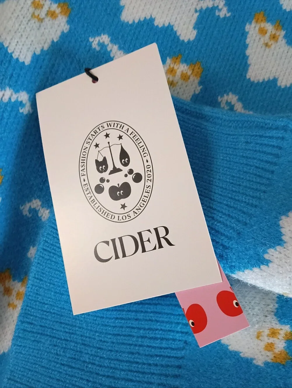 Cider Knit Sheep Cat Pattern Crop Sweater Sky Blue Long Sleeve Oversized XS NWT
